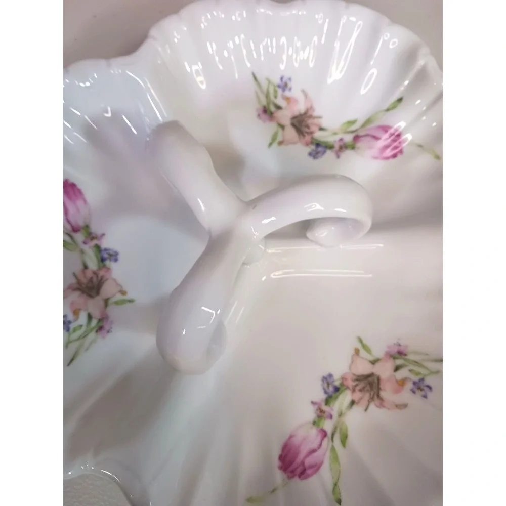Vintage Floral Porcelain Candy Dish Handled Trinket Ring Vanity Dish Pink Rose